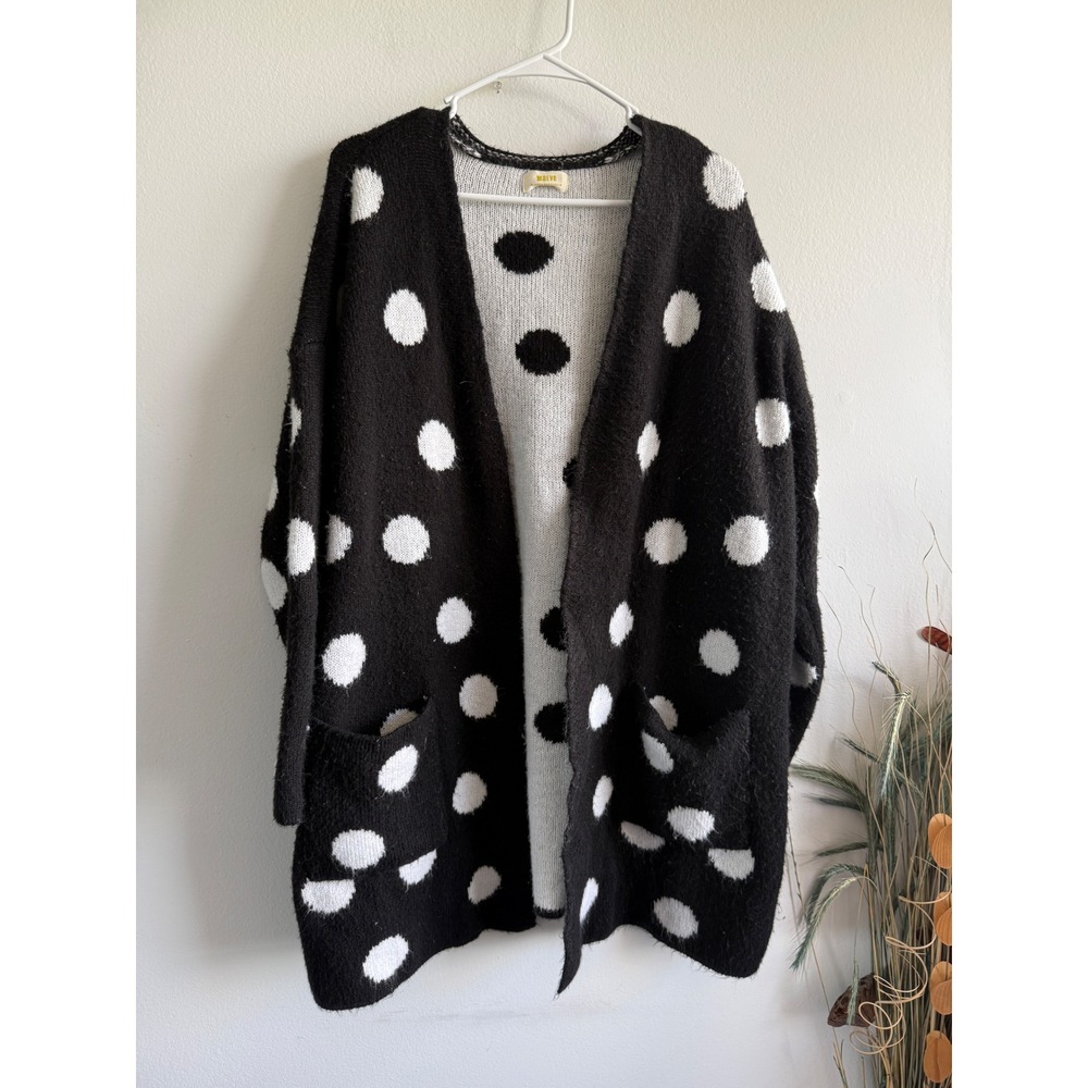 Maeve Anthropologie Polka Dot Open Front Cardigan Black White Oversized M/L - Picture 2 of 5